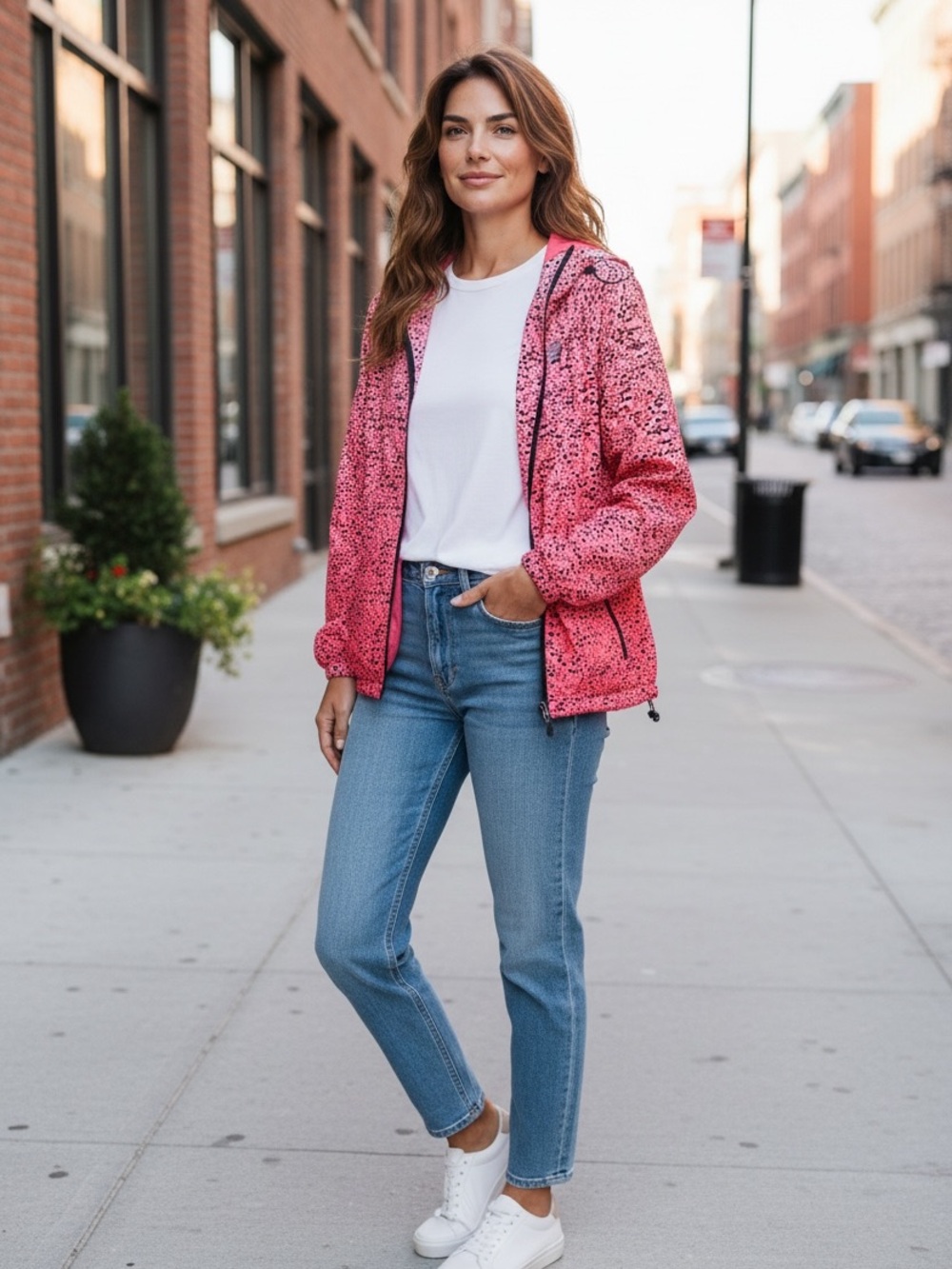 EUC New Balance Pink Black Ombre Spotted Hooded Windbreaker Large - Picture 1 of 7